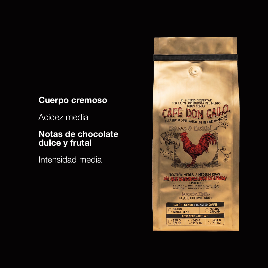 Café Don Gallo - café colombiano de especialidad con notas de chocolate dulce y frutal, perfecto para madrugadores, envío a Chile