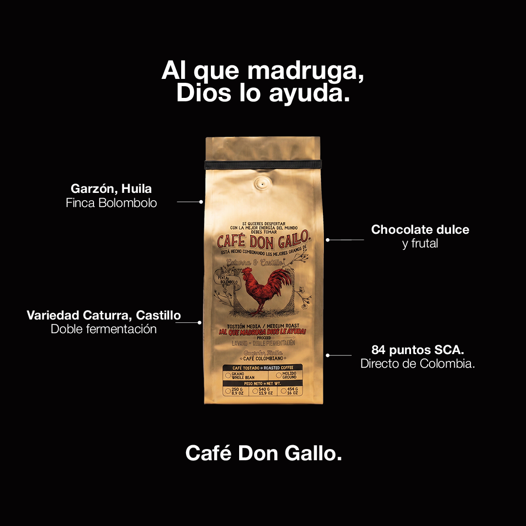 Café Don Gallo - café colombiano de especialidad con notas de chocolate dulce y frutal, perfecto para madrugadores, envío a Chile