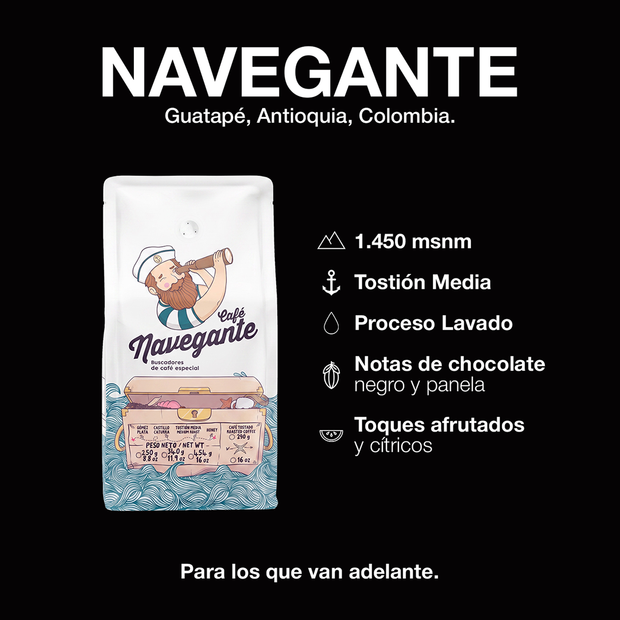 Café Navegante Lavado - café colombiano de especialidad con notas afrutadas y chocolate negro, proceso lavado, envío a Chile