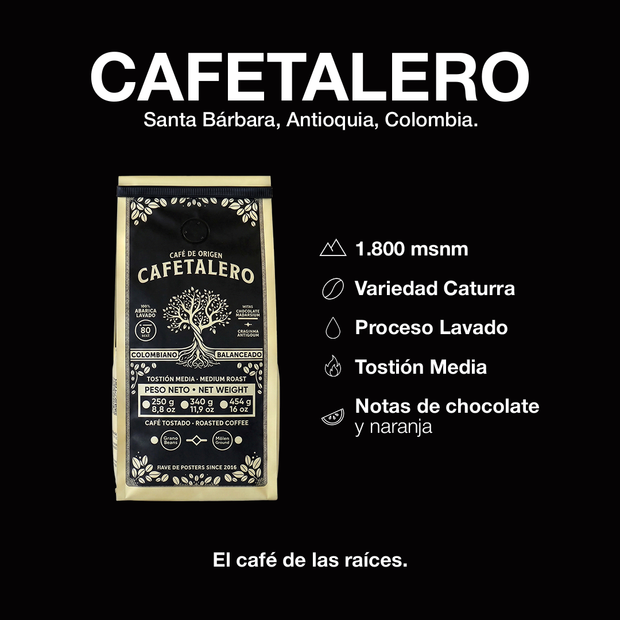 Cafetalero - café colombiano de especialidad de Santa Bárbara Antioquia, notas de chocolate y naranja, envío a Chile
