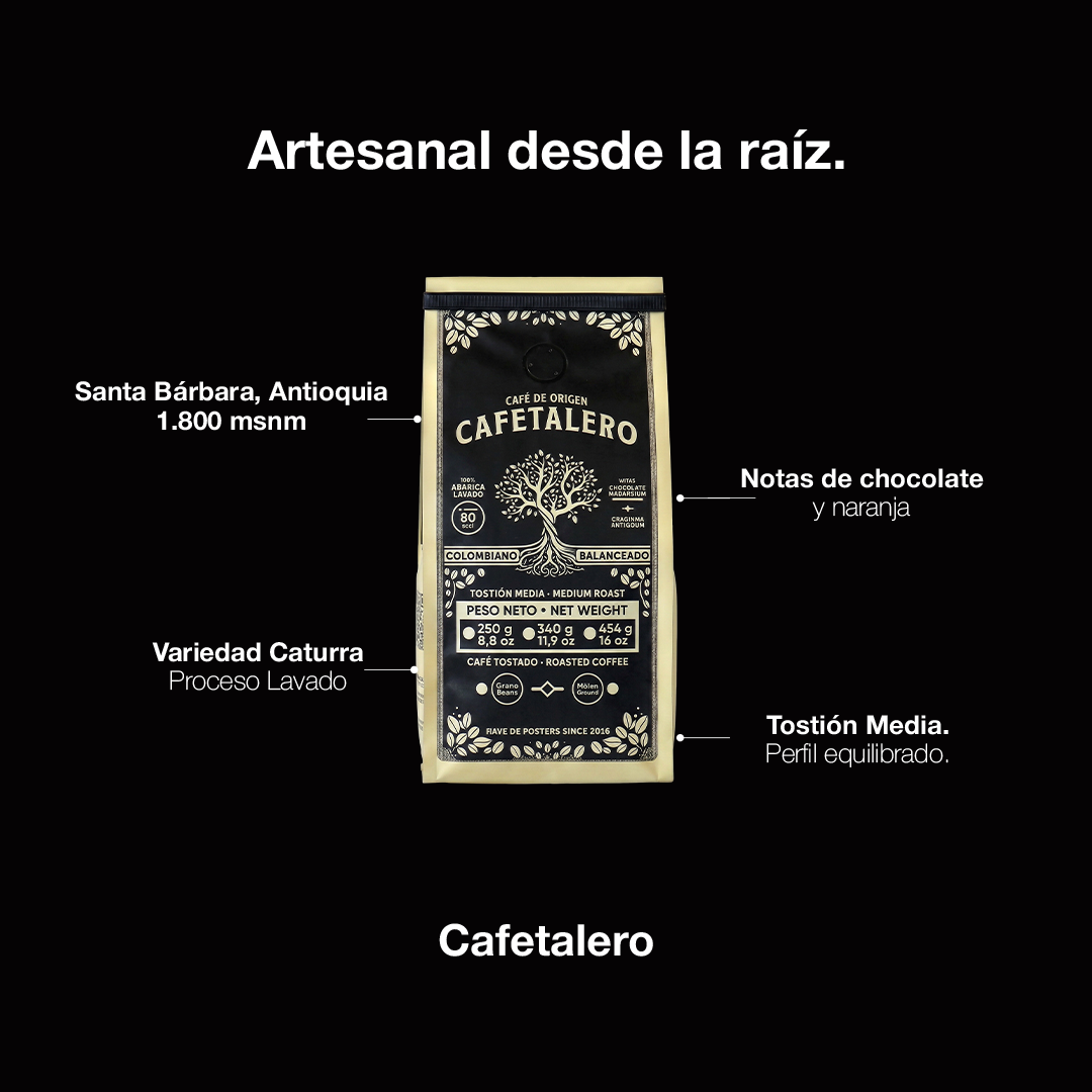 Cafetalero - café colombiano de especialidad de Santa Bárbara Antioquia, notas de chocolate y naranja, envío a Chile