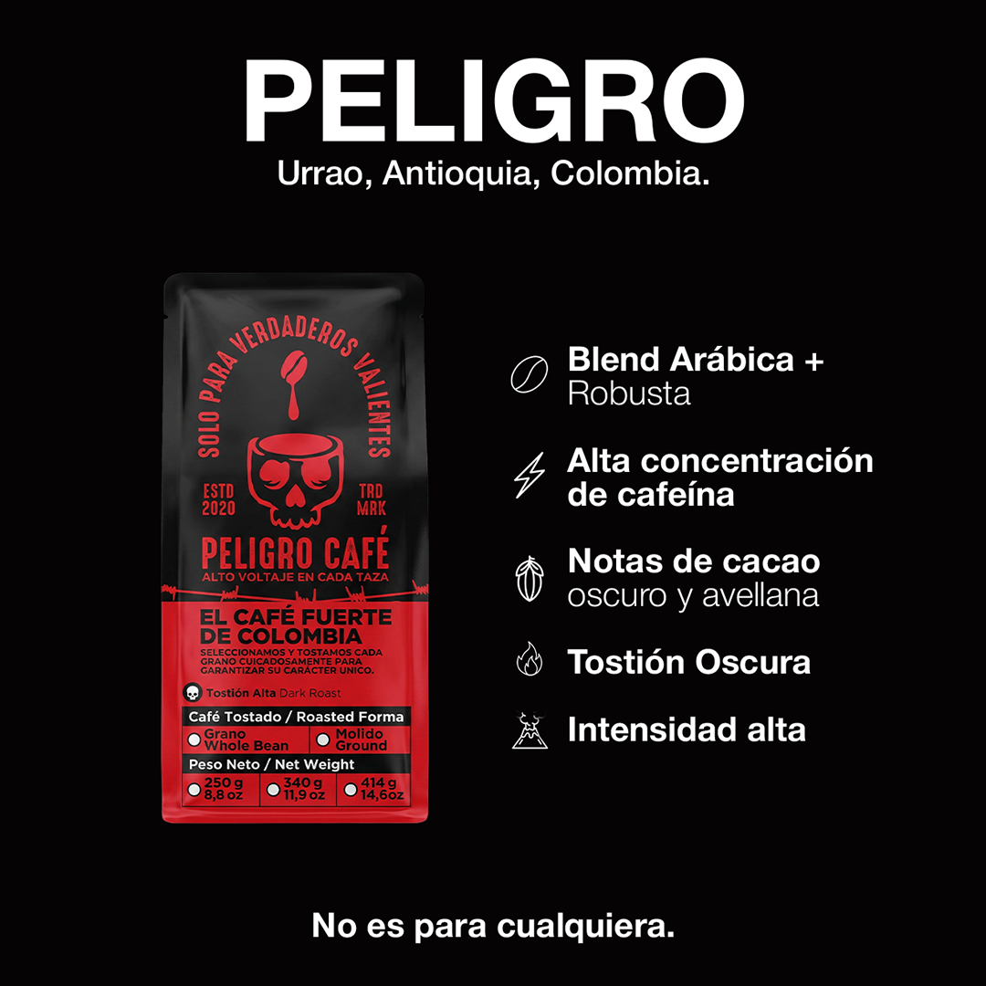 Café Peligro - café colombiano de especialidad con tostión oscura artesanal y notas de cacao, envío a Chile
