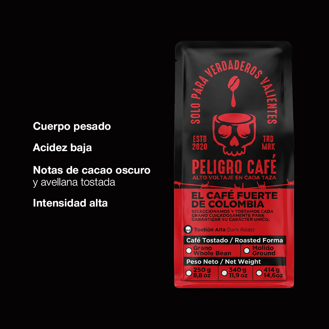 Café Peligro - café colombiano de especialidad con tostión oscura artesanal y notas de cacao, envío a Chile