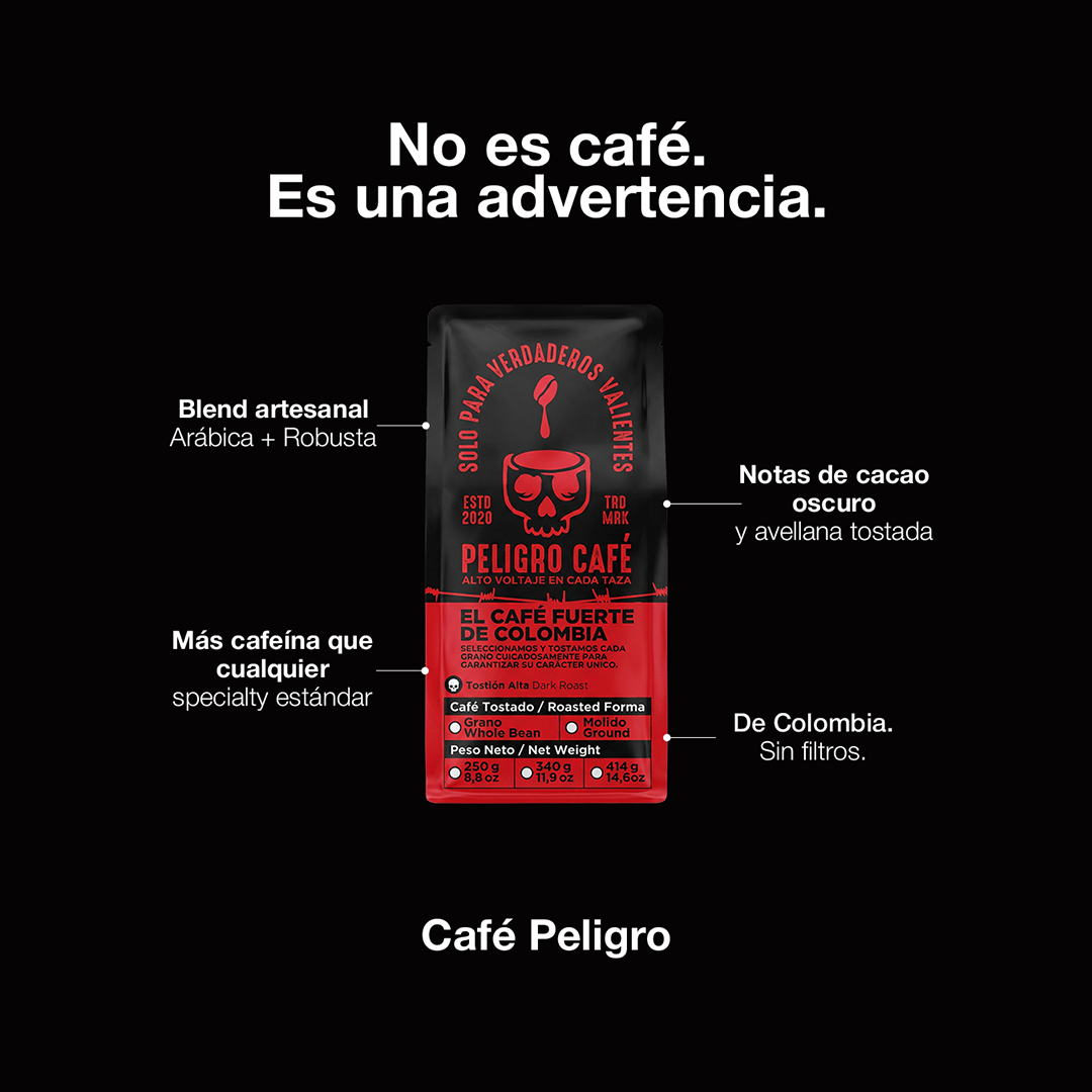 Café Peligro - café colombiano de especialidad con tostión oscura artesanal y notas de cacao, envío a Chile
